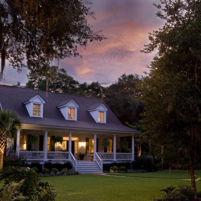 Classic American home at sunset